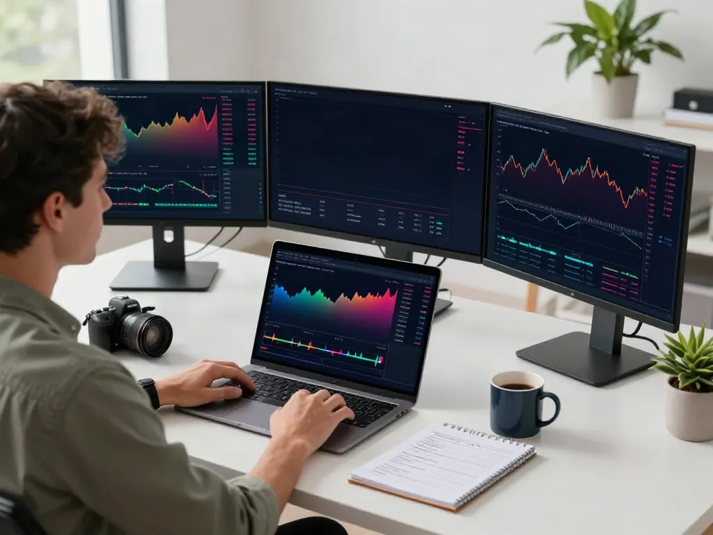 Trader using TradingView software on multiple screens in a modern office with charts and notes.