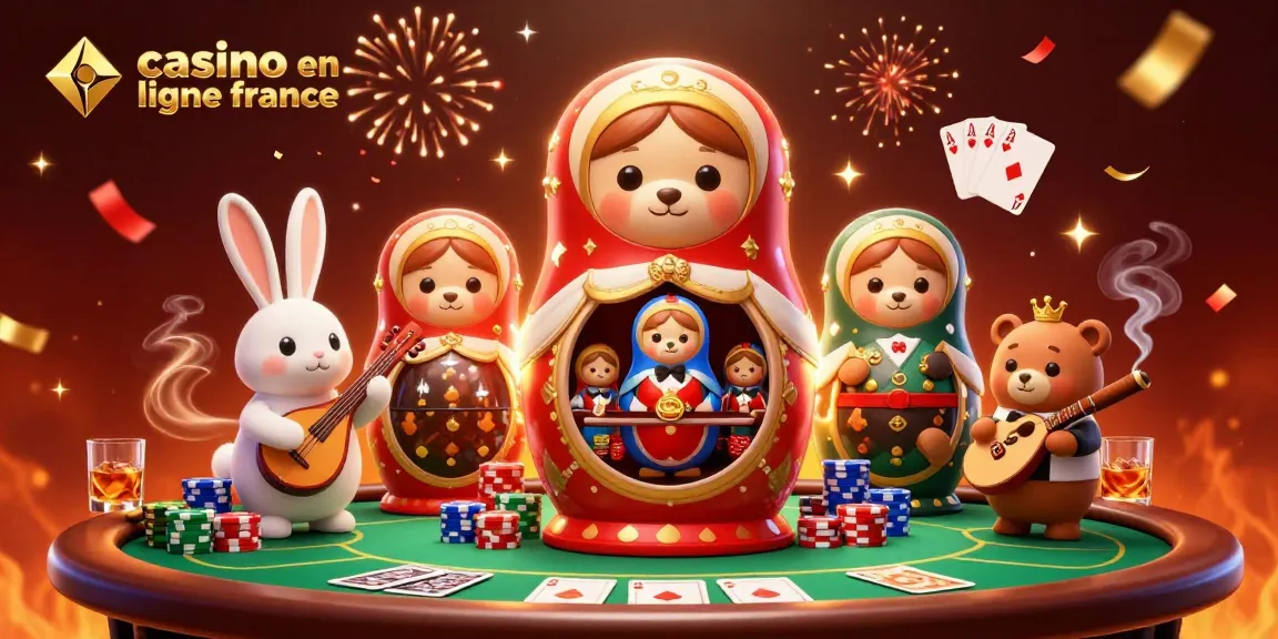 Illustration d'un casino en ligne France avec un ours Matryoshka et des éléments de jeu captivants.