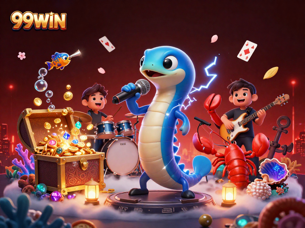 99WIN's thrilling underwater casino scene with an electric eel DJ and live band, bursting with treasure and adventure.