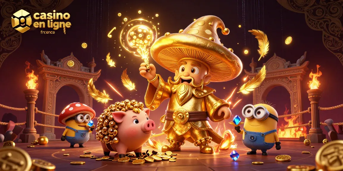 Illustration dynamique d'un casino en ligne France avec un mage champignon et un cochon de truffe