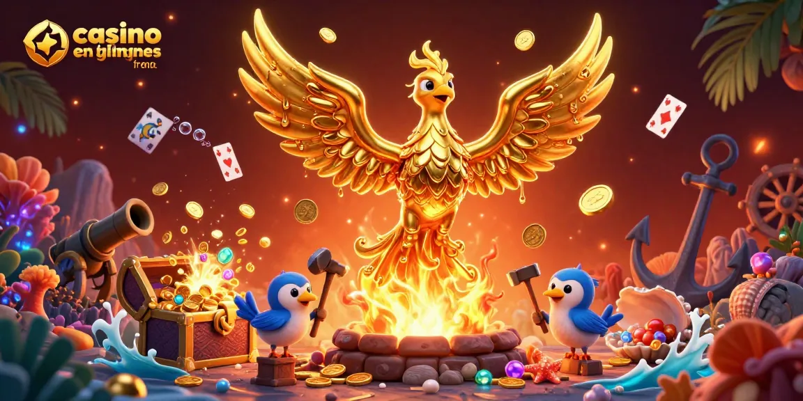 Visualisez un incendie d'or avec le casino en ligne france, un phœnix doré magnifique émergeant du feu.