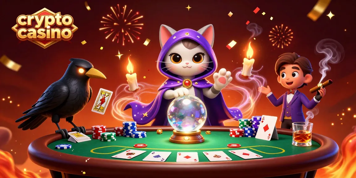 Découvrez un casino crypto vibrant avec des éléments de jeu comme des cartes et des jetons, entouré de magie.