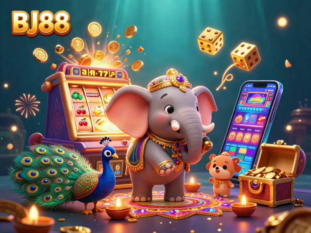 BJ88 captivates players with a vibrant 3D casino scene filled with slot machines and festive elements.