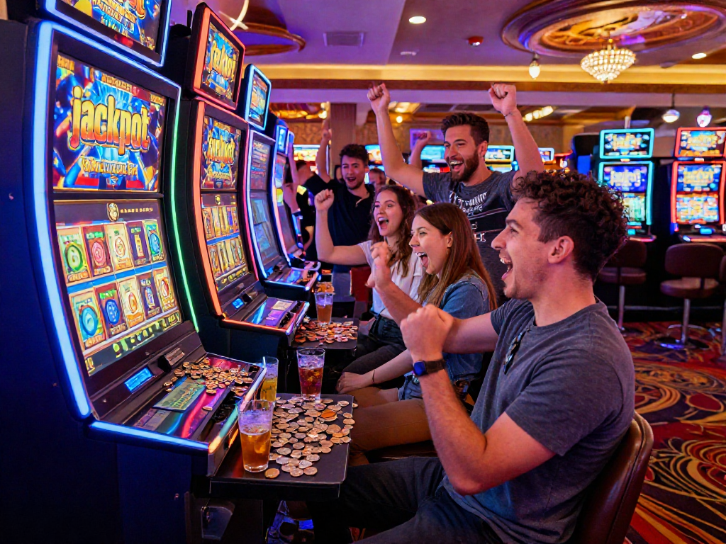 Slot jackpot celebration with friends cheering at a vibrant casino.