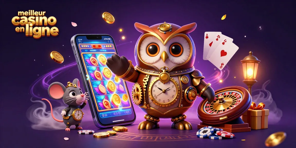 Jouer sur le meilleur casino en ligne avec un hibou d'époque et une souris, entourés d'éléments de jeu.