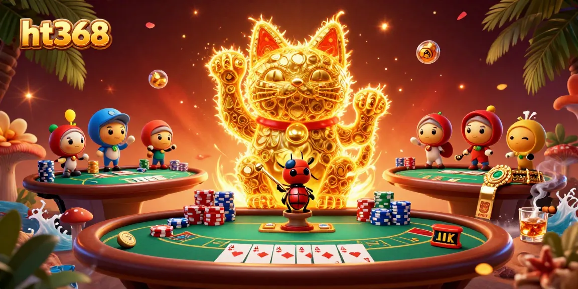 ht368 showcases a vibrant and engaging 3D illustration featuring a lucky cat and casino elements, perfect for online betting.