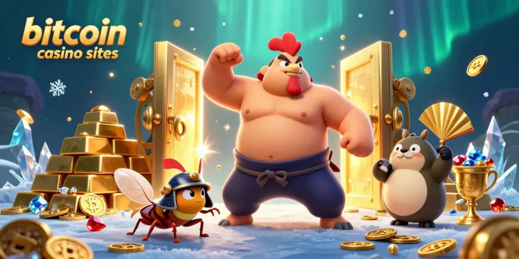 Experience the thrill of bitcoin casino sites with a dynamic 3D scene featuring a sumo wrestler rooster, a samurai cricket, and a tanuki announcer surrounded by treasure and cryptocurrency.