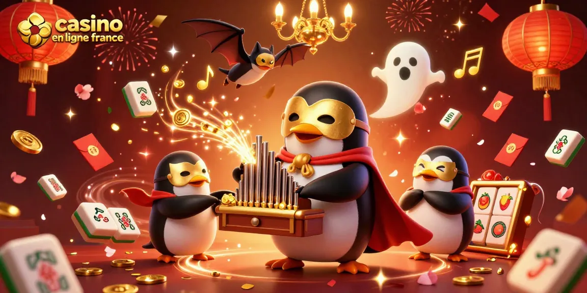 Illustration festive pour un casino en ligne France avec des personnages animés et des éléments de jeu.