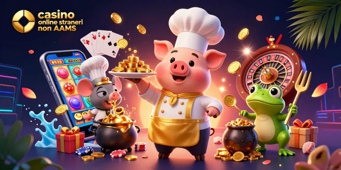 Gioca nei casino online stranieri non AAMS con un'illustrazione vivace di cibo e giochi d'azzardo.