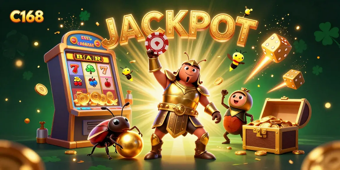 C168 players celebrate a winning jackpot with vibrant casino elements and dynamic characters in a lively digital illustration.